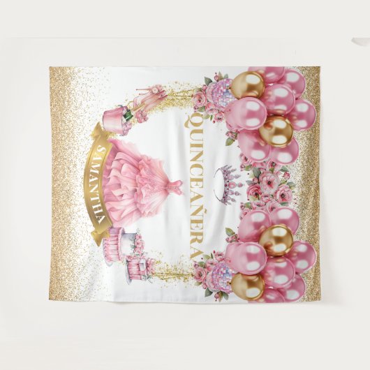 Rosa Kleid Quinceañera Hintergrund Glitzer Balloon Wandteppich (Vorderseite (Horizontal))