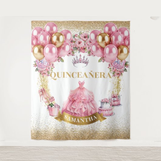 Rosa Kleid Quinceañera Hintergrund Glitzer Balloon Wandteppich (Vorderseite)
