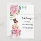 Rosa Kleid Rose Blumenstrauß Sweet 16 Einladung (Vorderseite)