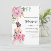 Rosa Kleid Rose Blumenstrauß Sweet 16 Einladung (Stehend Vorderseite)