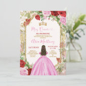 Rosa Kleid Rote Blume Prinzessin Gold Mis Quince Einladung (Stehend Vorderseite)