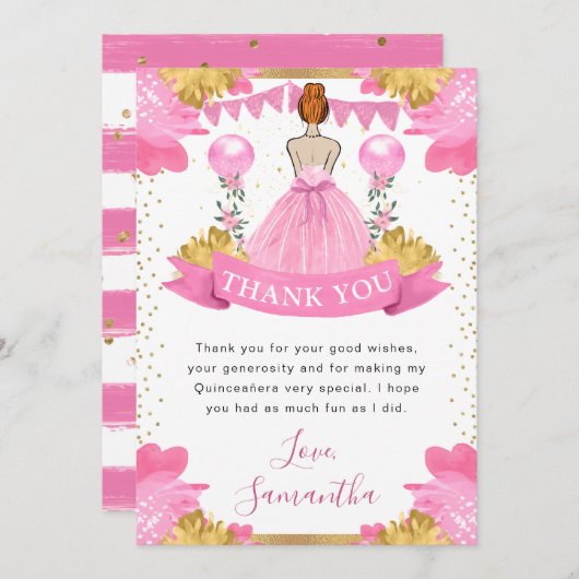Rosa Kleid Rothaarige Prinzessin Quinceanera Dankeskarte (Vorne/Hinten)