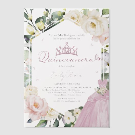 Rosa Kleid Schmetterling Boho Blumenrahmen Quincea Pergament Einladungen (Vorderseite)