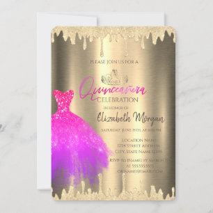 Rosa Kleid, Tiara, Glittertränen Gold Quinceañera  Einladung