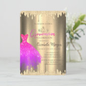 Rosa Kleid, Tiara, Glitzer Tropfen Gold Quinceañer Einladung (Stehend Vorderseite)