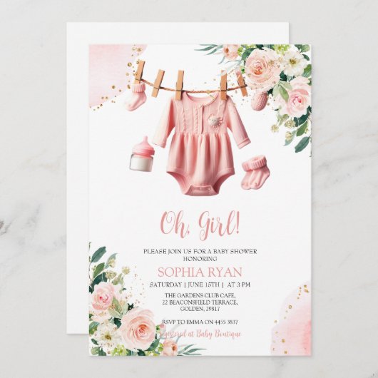 Rosa Kleidung Kinderdusche Einladung (Vorne/Hinten)