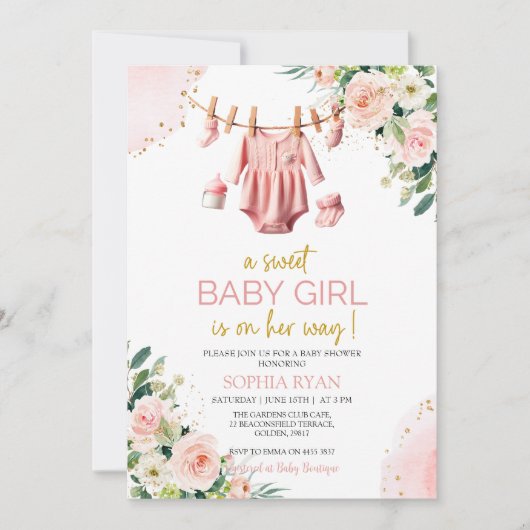 Rosa Kleidung Kinderdusche Einladung (Vorderseite)