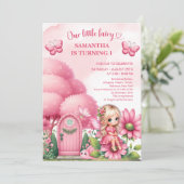 Rosa kleine Fee sitzend auf Blume Mädchen Geburtst Einladung (Stehend Vorderseite)