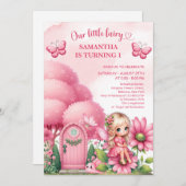 Rosa kleine Fee sitzend auf Blume Mädchen Geburtst Einladung (Vorne/Hinten)