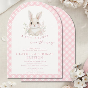 Rosa Kleiner Hase Gingham-Bogen-Baby-Party Einladung