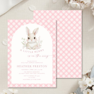Rosa Kleiner Hase Gingham-Bogen-Baby-Party Einladung