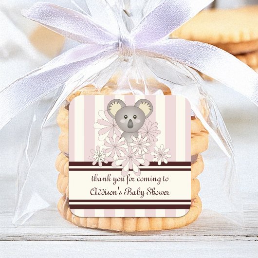 Rosa Koala Kinder Gastgeschenk / Girl Baby Dusche Quadratischer Aufkleber