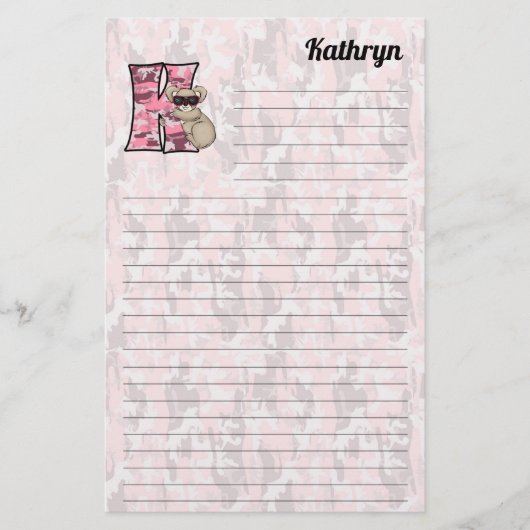 Rosa Koala Mongram Letter K Lined Briefpapier (Vorderseite)