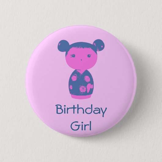 Rosa Kokeshi Blau-Knopf Button (Vorderseite)