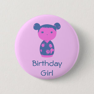 Rosa Kokeshi Blau-Knopf Button
