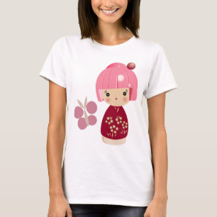 Rosa Kokeshi Dreiergruppe-Spaghetti-Bügel-Spitze T-Shirt