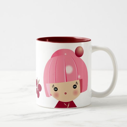 Rosa Kokeshi Dreiergruppe-Tasse Zweifarbige Tasse (Rechts)