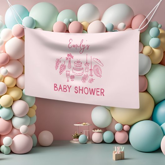 Rosa Kokett Moderne, handgezogene Babydusche Banner
