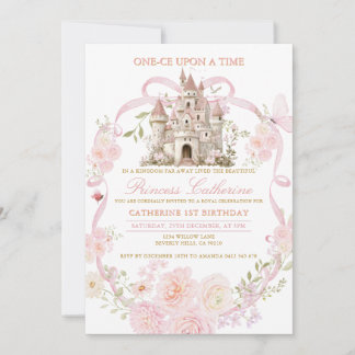 Rosa Kokette Blumen Schloss Erster Geburtstag Einladung