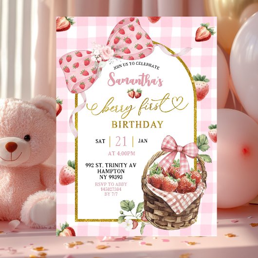 Rosa Kokette Erdbeere Gingham Erster Geburtstag Einladung