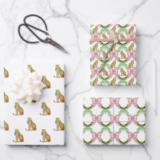 Rosa Kokette Leopard-Weihnachten Geschenkpapier Set (Vorderseite)