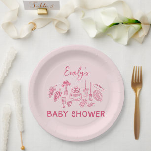 Rosa Kokette moderne handgezeichnete Babyparty Pappteller