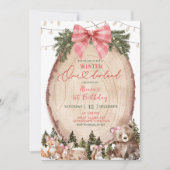 Rosa Kokette Rustikaler Winterwald 1. Geburtstag Einladung (Vorderseite)