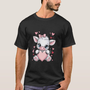 Rosa kokette Schleife Schwarz-Weiß-Kuh hält Herz T-Shirt