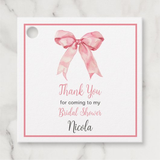 Rosa Koketten-Schleife Brautdusche Geschenkanhänger (Vorderseite)