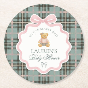 Rosa Koketterie-Bogen-Bär Kariert Baby-Party Runder Pappuntersetzer