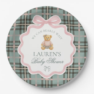 Rosa Koketterie-Bogen-Bär Kariert Baby Shower Pappteller