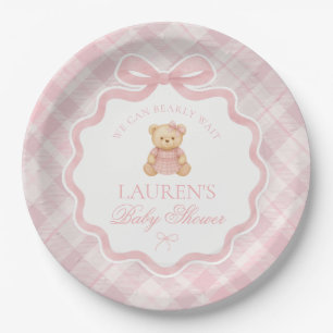 Rosa Koketterie-Bogen-Bär Kariert Baby Shower Pappteller