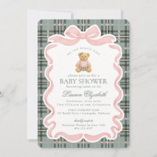 Rosa Koketterie-Bogen-Bär-Tartan-Karo-Baby-Party Einladung