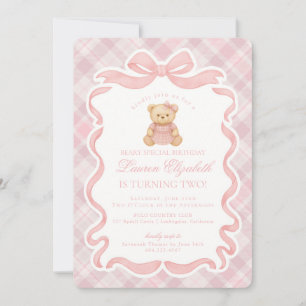 Rosa Koketterie-Bogen-Bär-Tartan-Karo-Geburtstag Einladung