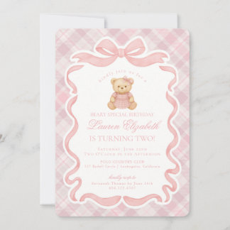 Rosa Koketterie-Bogen-Bär-Tartan-Karo-Geburtstag Einladung