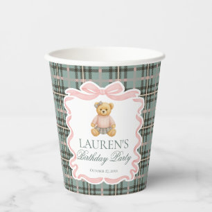 Rosa Koketterie-Bogen-Bär-Tartan-Karo-Geburtstag Pappbecher