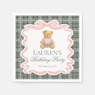 Rosa Koketterie-Bogen-Bär Tartan Karo-Geburtstag Serviette