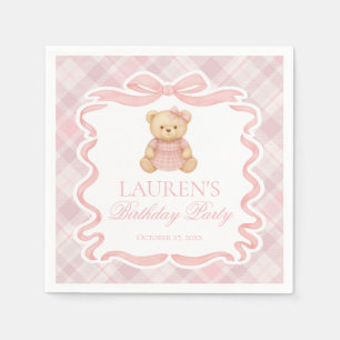 Rosa Koketterie-Bogen-Bär Tartan Karo-Geburtstag Serviette