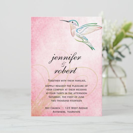 Rosa Kolibri-Aquarell-Hochzeits-Einladung Einladung (Stehend Vorderseite)