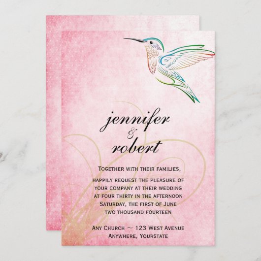 Rosa Kolibri-Aquarell-Hochzeits-Einladung Einladung (Vorne/Hinten)