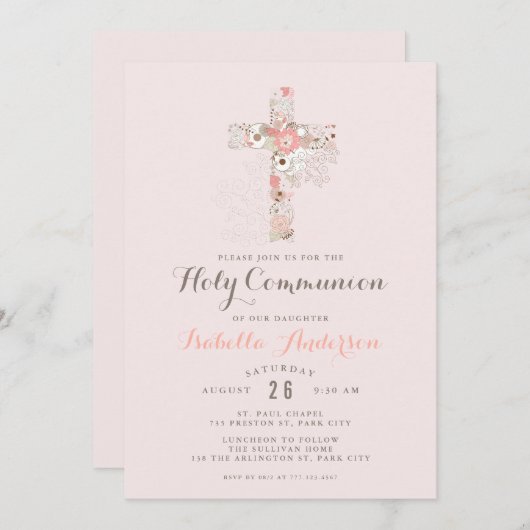 Rosa Kommunion mit ihrem blühenden Kreuz Einladung (Vorne/Hinten)