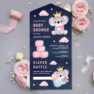 Rosa Königin Koala Bär Mädchen Navy Blau Babyparty All In One Einladung
