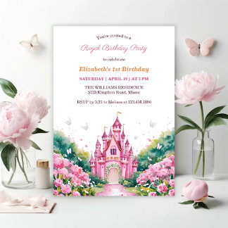 Rosa Königliche Prinzessin Burg 1. Geburtstag Part Einladung