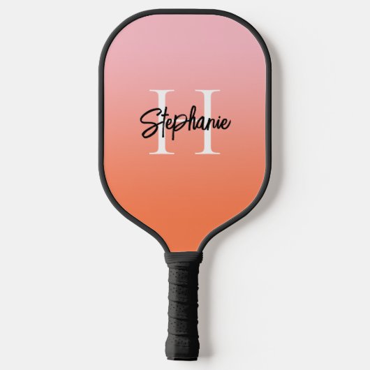 Rosa Koralle und Orange Ombre Monogram Pickleball Schläger (Rückseite)
