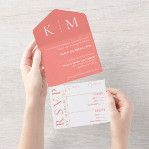 Rosa Koralle und Weiß-Monogramm-Moderne-Hochzeit- All In One Einladung
