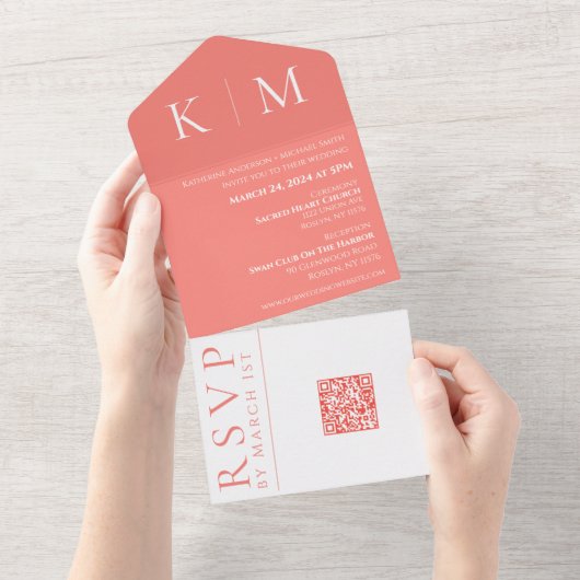 Rosa Koralle und Weißmonographie All In One Einladung (Abreißen)