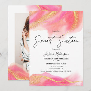 Rosa Korallen Aquarellgold Glitzer Foto Sweet 16 Einladung