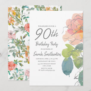 Rosa Korallen-Boho-Aquarell-Blumen zum 90. Geburts Einladung