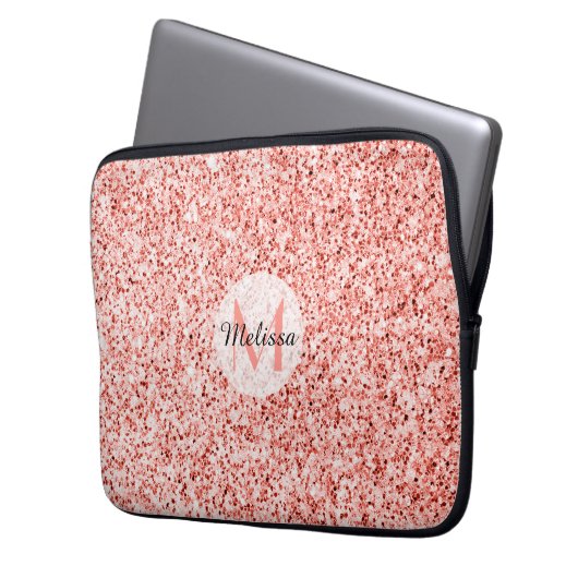 Rosa Korallen hellpastellfarbene Glitzern Monogram Laptopschutzhülle (Vorderseite Links)