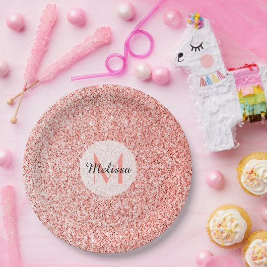Rosa Korallen hellpastellfarbene Glitzern Monogram Pappteller (Party)